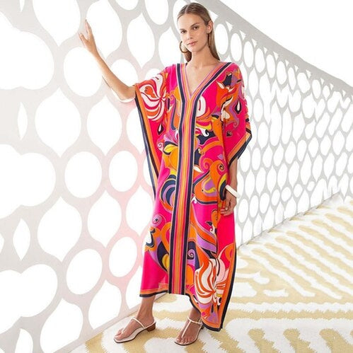 Printed Kaftans Beach Cover Up Seaside Maxi Bohemian Dresses Beachwear Pareo 3 One Size