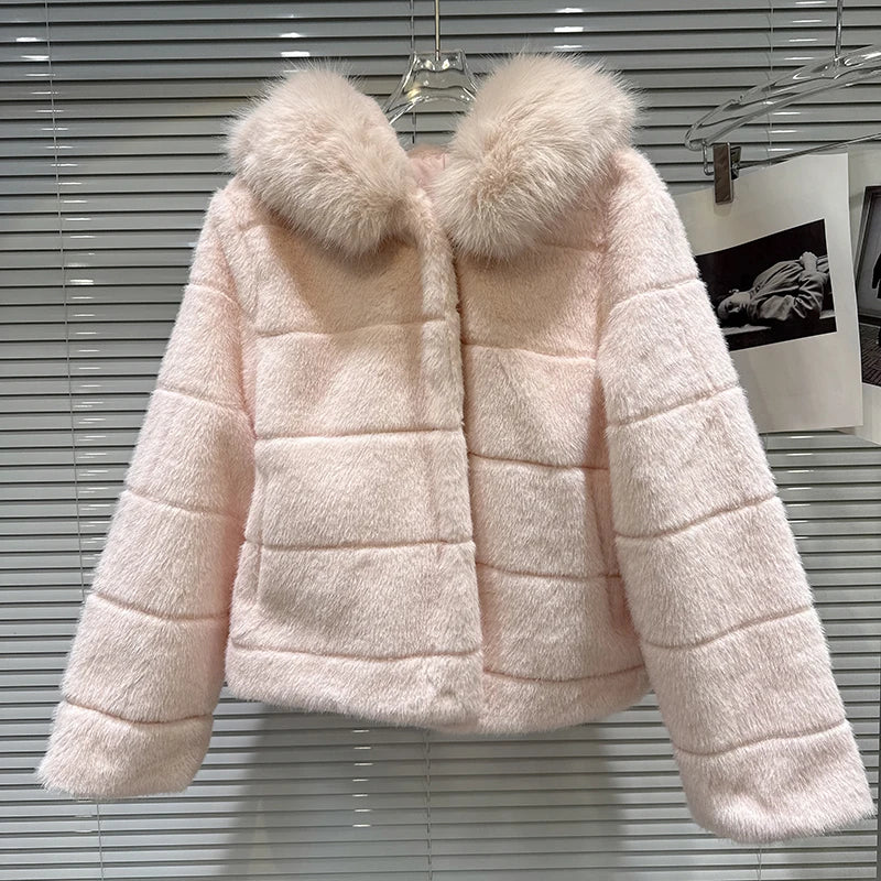 Winter New Sweet Temperament Hooded Warm Faux Fur Short Coat For Women High Quality Soft Jacket Female Trendy 11A07696 Pink