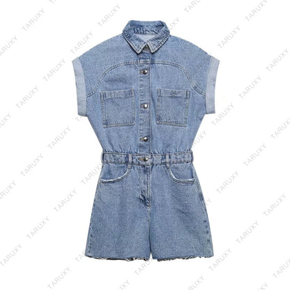 TARUXY Lapel Pocket Denim Jumpsuit Women Sexys Short Sleeve Slim Bodycon Ropa De Mujer Casual Overalls One Piece Womens Clothing