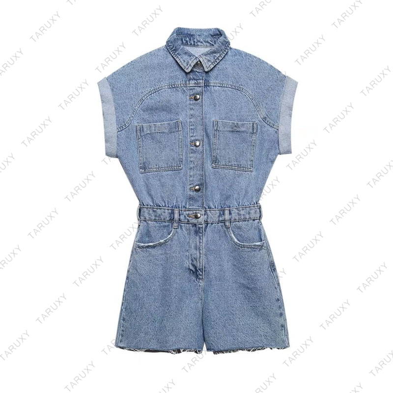 TARUXY Lapel Pocket Denim Jumpsuit Women Sexys Short Sleeve Slim Bodycon Ropa De Mujer Casual Overalls One Piece Womens Clothing Denim