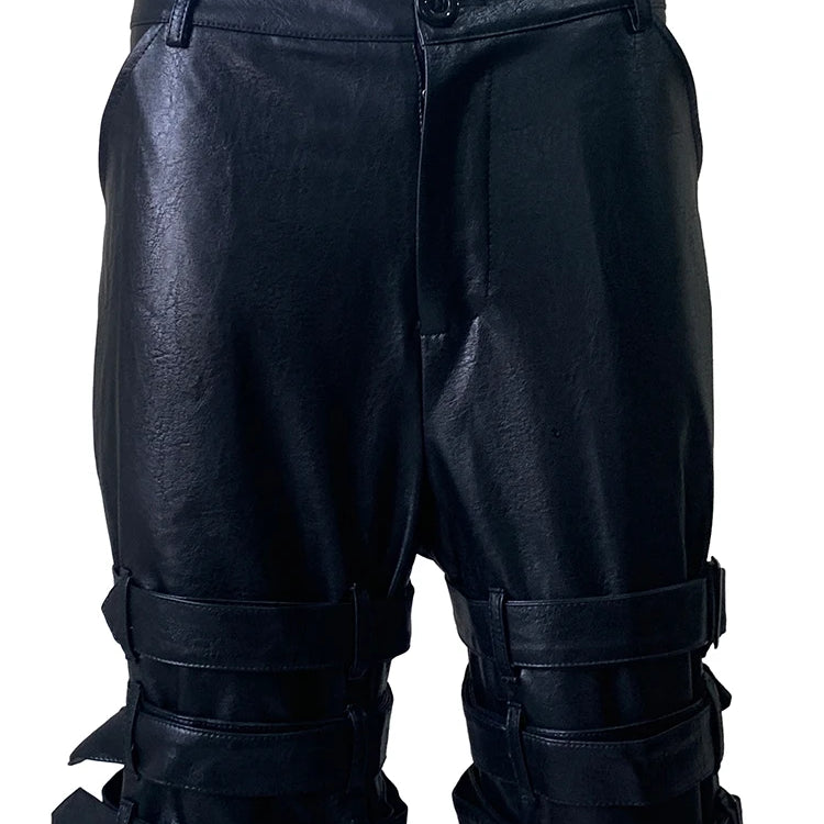 Lautaro Summer Cool Hard Black Pu Leather Shorts for Men with Many Belt High Waist Short Punk Style European Fashion Emo Clothes