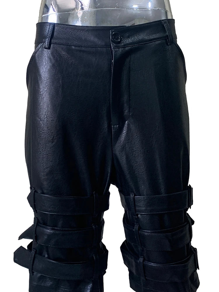 Lautaro Summer Cool Hard Black Pu Leather Shorts for Men with Many Belt High Waist Short Punk Style European Fashion Emo Clothes