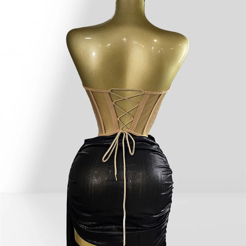 Fashionable Mirror Luxurious Rhinestone Lace -up Top And Mini Skirt Set 2 Pieces Woman Birthday Vestido Music Festival Outfit