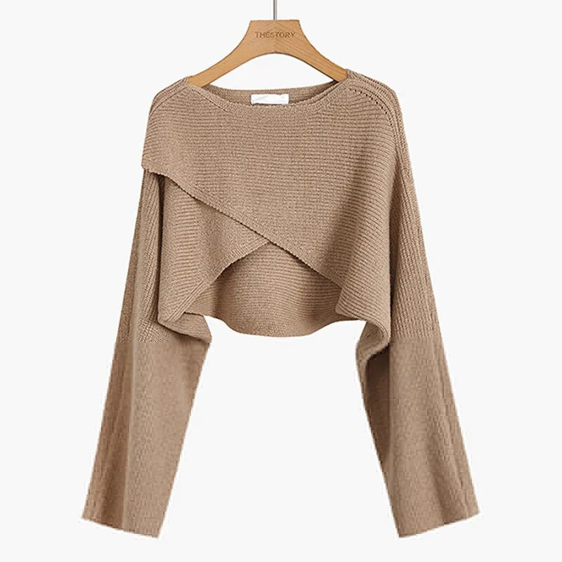 Short Pullovers Sweaters Autumn Winter 2024 Streetwear Knitted Sweater Women's Long Sleeve Cross Irregular Solid Y2K Tops 22933 Khaki One Size