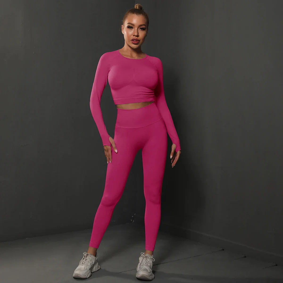 2Pcs Women Sets Energy Seamless Gym Suits Bubble Butt Sports Pants+Long Sleeve Shirts Push Up Running Sets Tracksuits Tights Set Rose Red