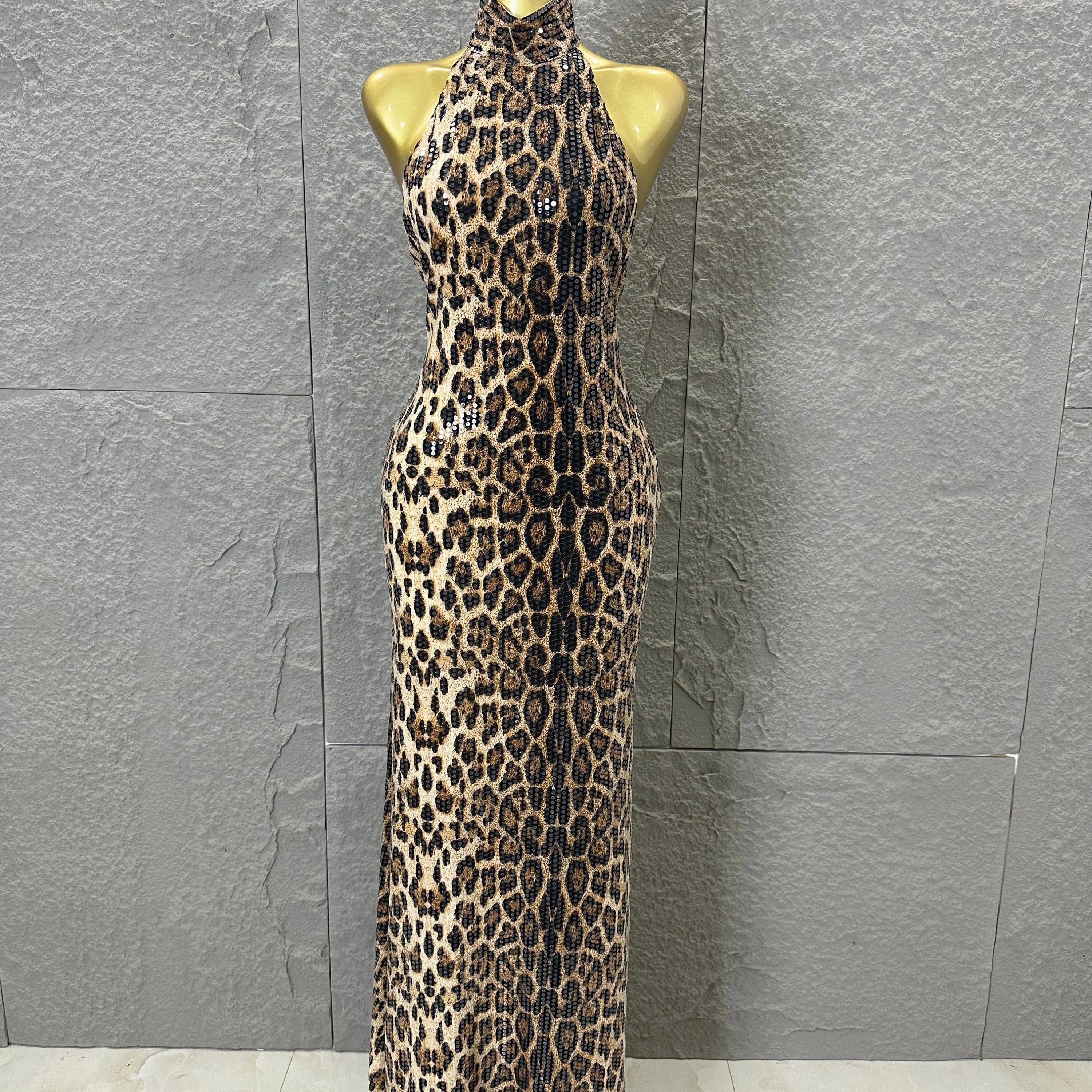 Refined Leopard Print Maxi Dress Women Sexy Halter Neck Sleeveless Sequin Embellished Bodycon Outfit Nightclub Party Costume MULTI