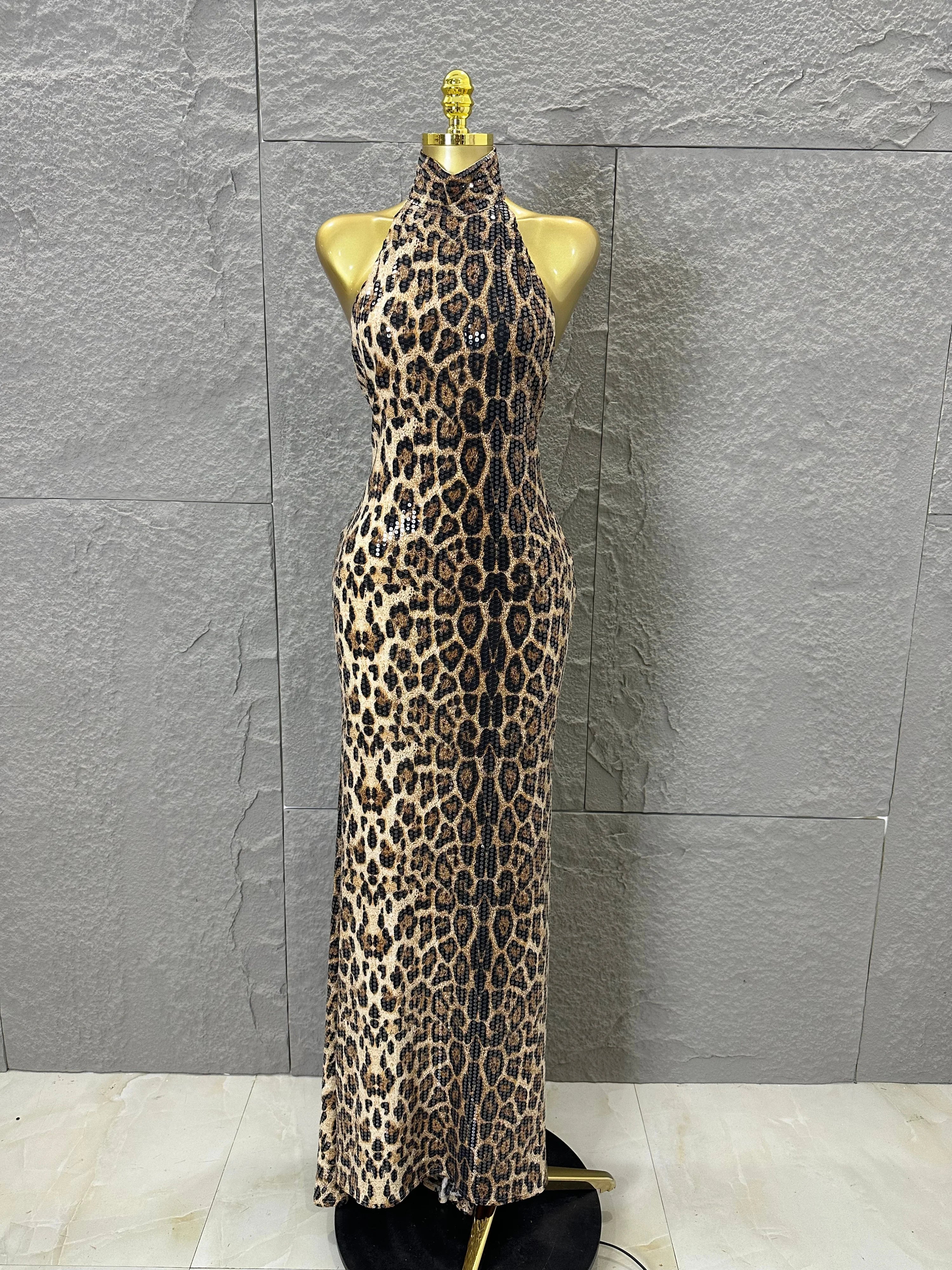 Refined Leopard Print Maxi Dress Women Sexy Halter Neck Sleeveless Sequin Embellished Bodycon Outfit Nightclub Party Costume MULTI