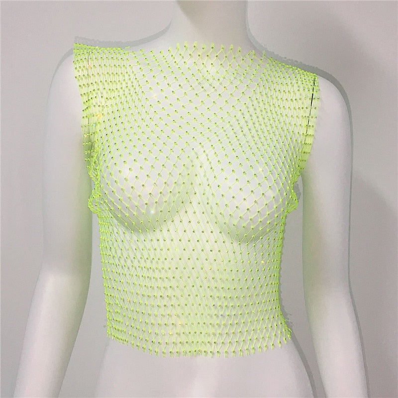 Women's Fishnet Rhinestone Crop Top 2024 Summer Sexy Mesh High Elastic Black White Shirt Net See Through Rave Diamond Tank Top Green