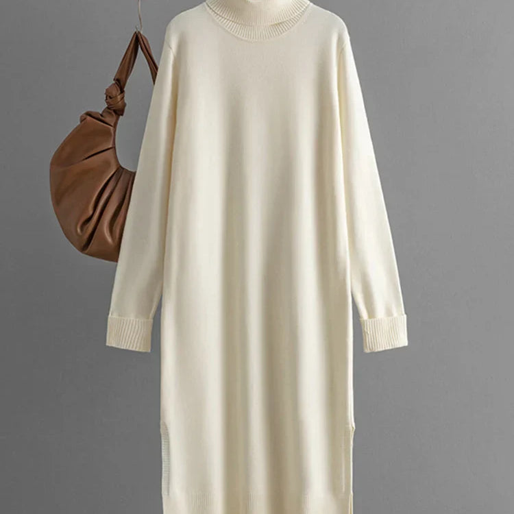 Streamgirl Autumn Turtleneck Slit Dresses For Women Winter Solid Casual Straight Basic Knitted Sweaters Dress Women Elegant Apricot One Size