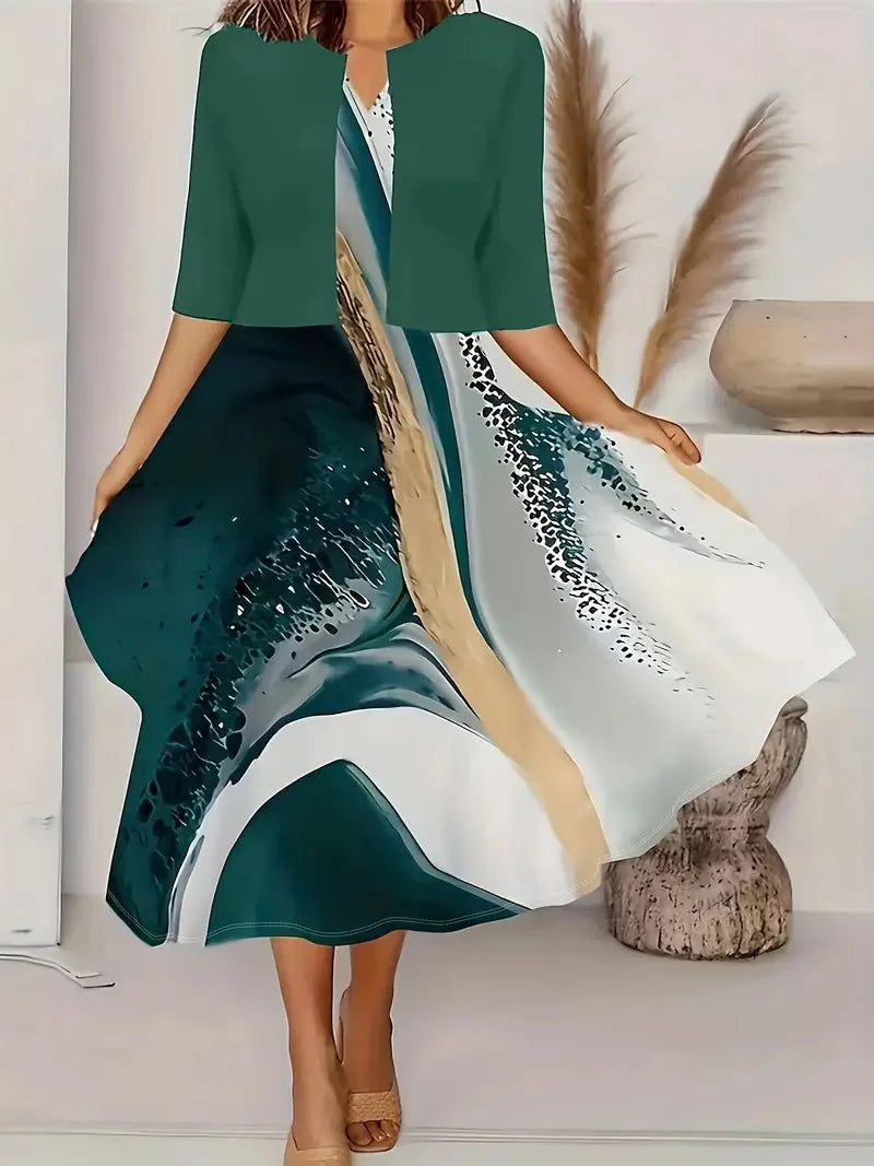 New for summer 2024! Eu-us Fall Women's 2 long Dress Set - floral and grass print crew neck dress with chiffon short coat green