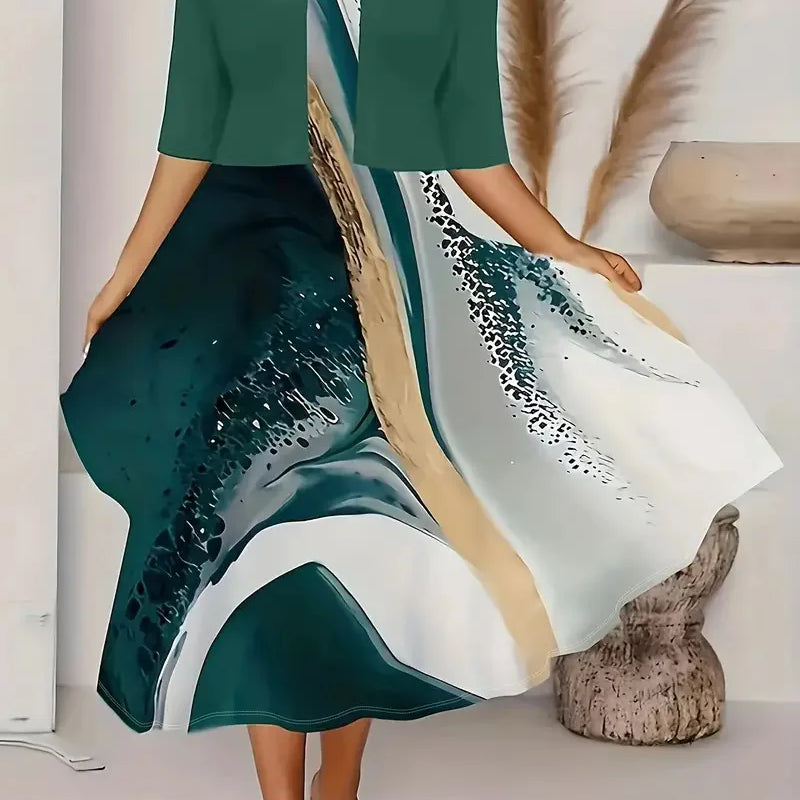 2025 autumn new women's long crewneck printed dress short needle two-piece cardigan short coat green