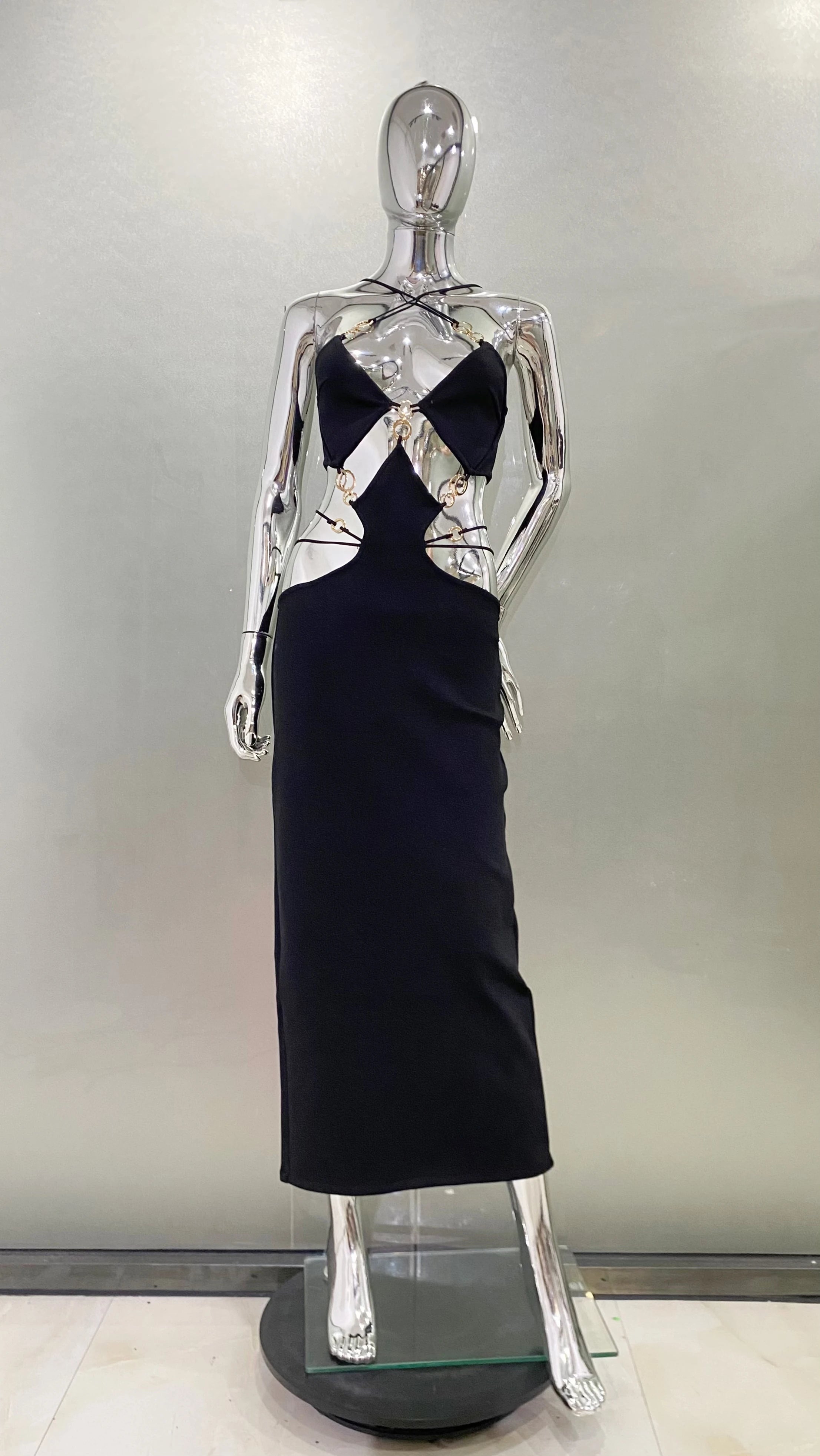 STOCK Stylish Luxury Diamonds Woman Bandage Set Sexy Hollow Out Short Top And Mermaid Long Skirt 2 Pieces Evening Party Vestido black