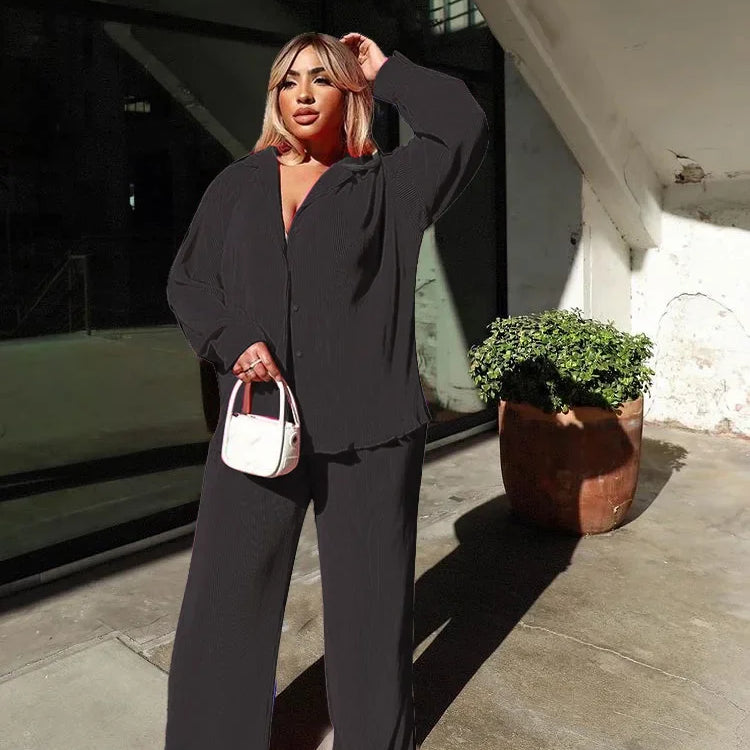 Pleated Solid Women Set Long Sleeve Shirts and Straight Wide Leg Pants Suits Tracksuit Two Piece Set Fitness Outfits black-02