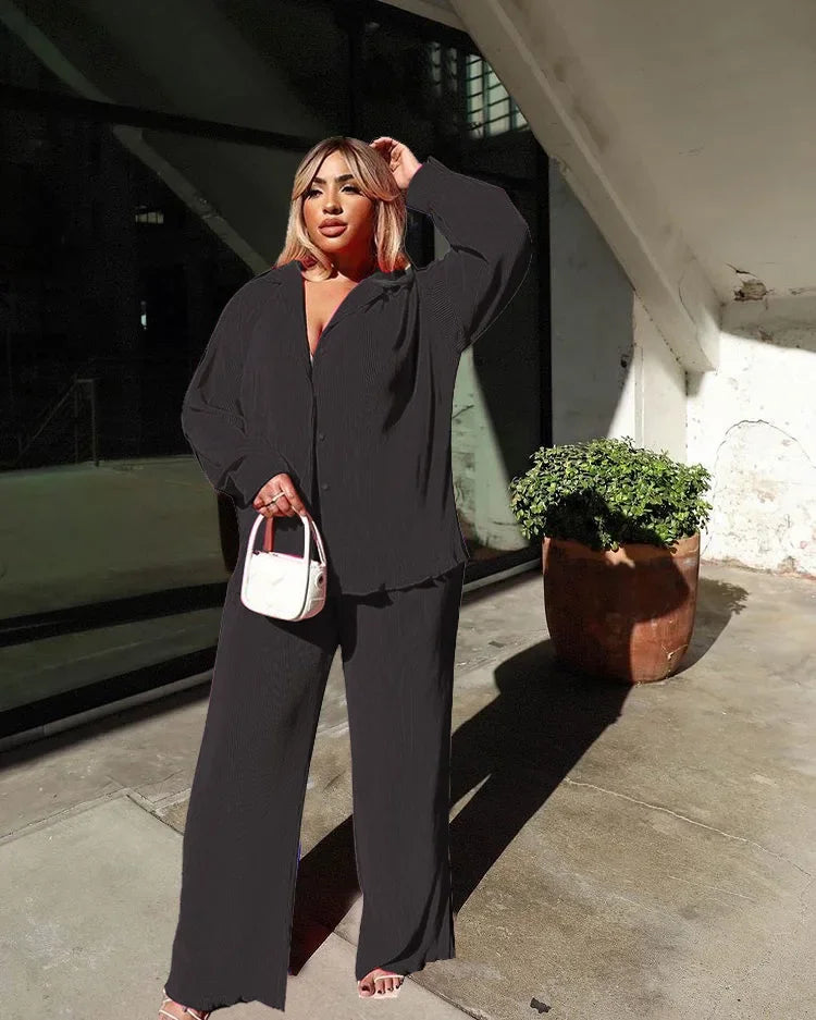 Pleated Solid Women Set Long Sleeve Shirts and Straight Wide Leg Pants Suits Tracksuit Two Piece Set Fitness Outfits black-02