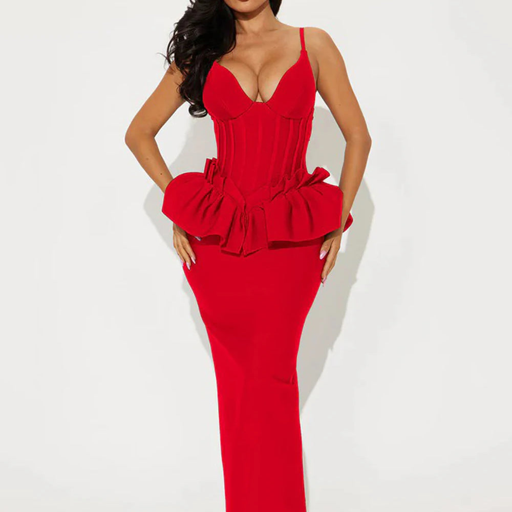 Sexy Women Long Bandage Dress Ruffle Sleeveless Slim Solid Summer Party Fishbone Maxi Dress Clubwear Female Vestido Outfits