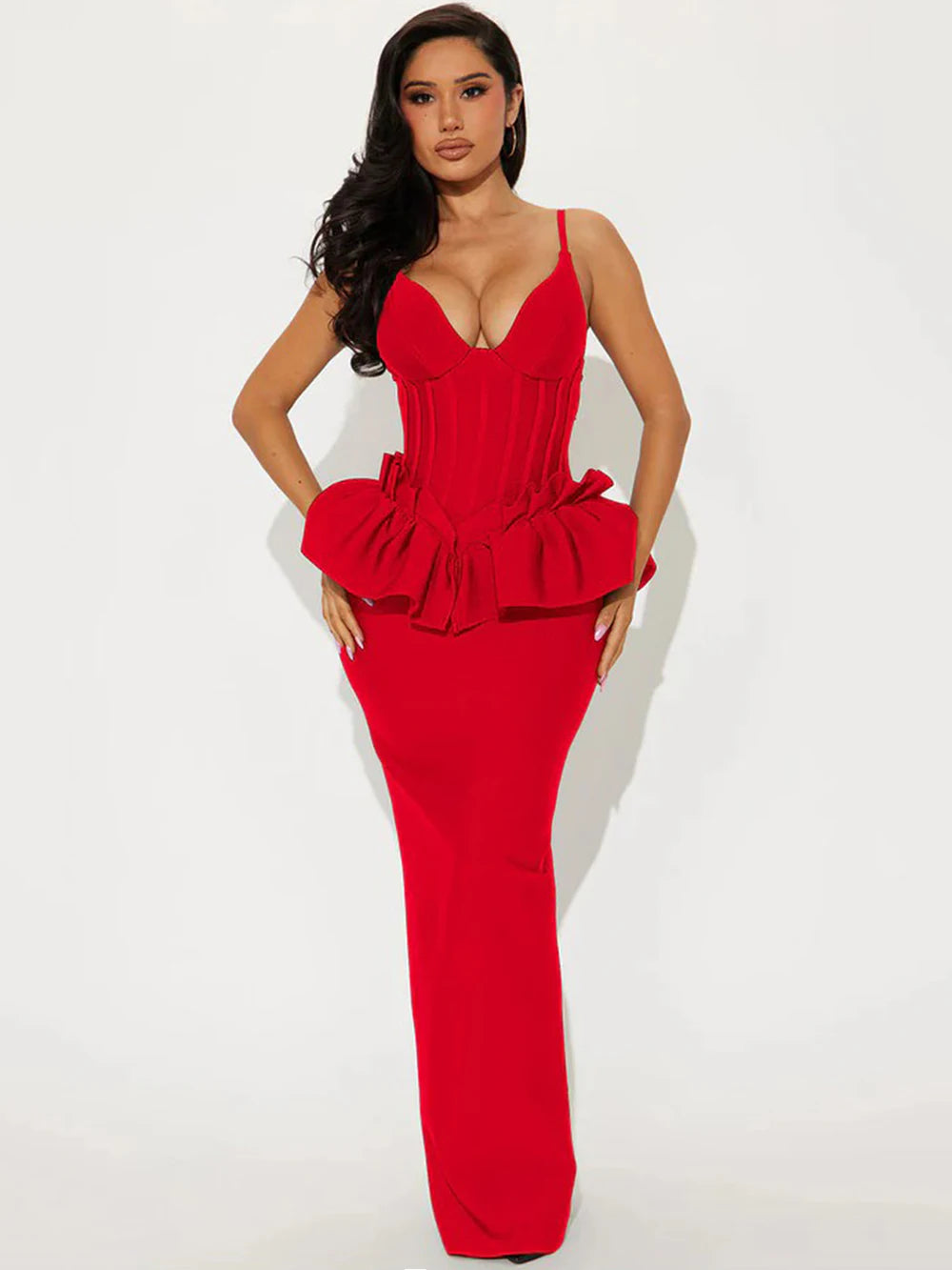 Sexy Women Long Bandage Dress Ruffle Sleeveless Slim Solid Summer Party Fishbone Maxi Dress Clubwear Female Vestido Outfits