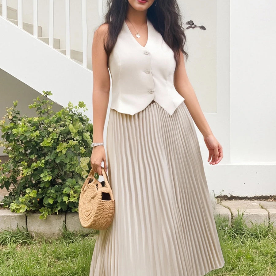 Women's Summer 4XL Plus Size Outfits Fashion Summer Solid Color V-Neck Button Halter Vest and Pleated Skirt Set for Streetwear