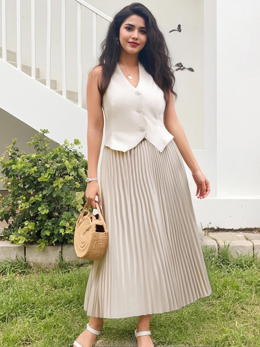 Women's Summer 4XL Plus Size Outfits Fashion Summer Solid Color V-Neck Button Halter Vest and Pleated Skirt Set for Streetwear