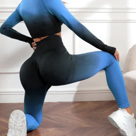 Women Yoga 2 Pieces Workout Outfits Seamless High Waist Leggings Sports Crop Top Running Clothes Sets blue