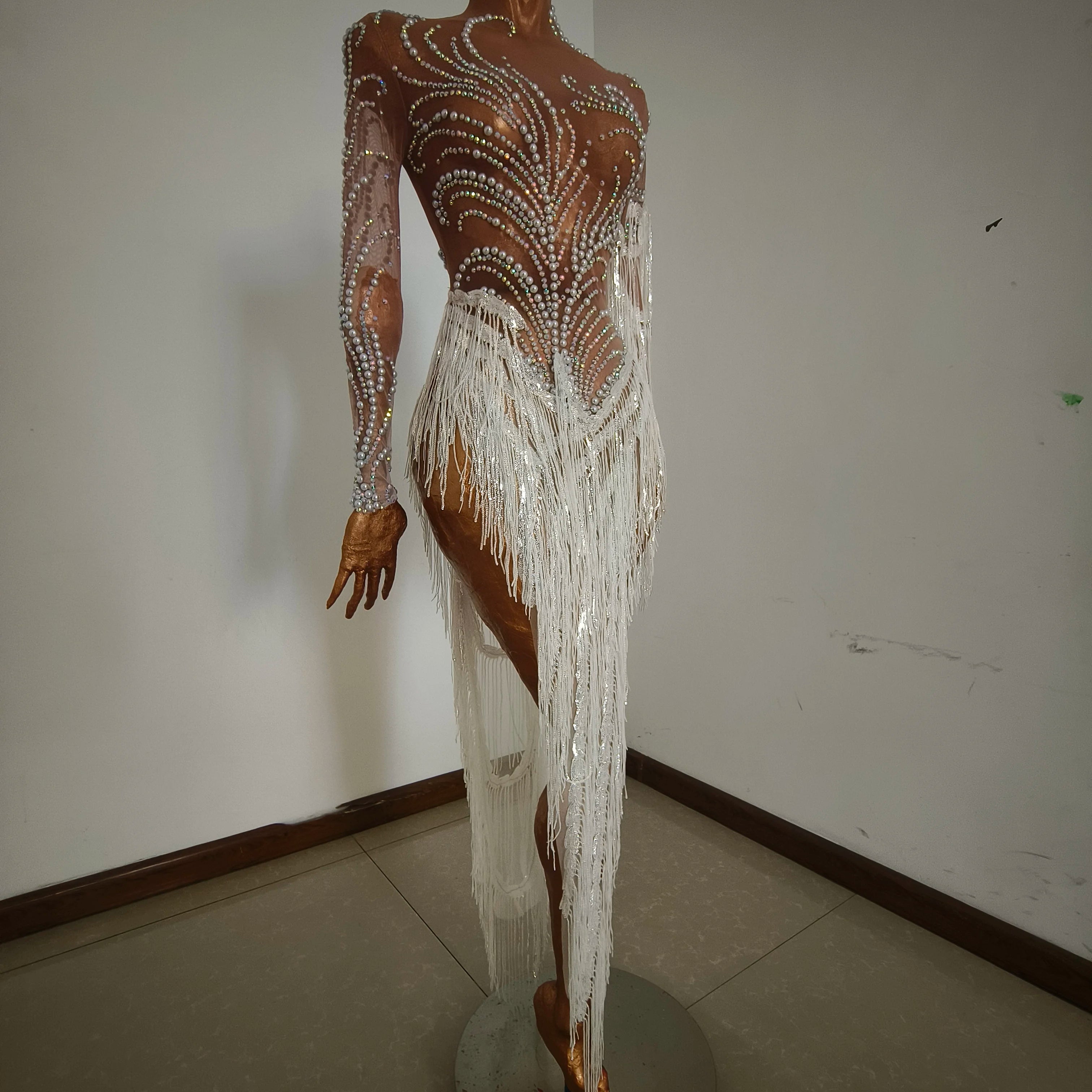 Sparkly Rhinestone Sequins Tassel Sexy Mesh See Through Dress Women Evening Birthday Party Nightclub Dance Singer Stage Outfit WHITE