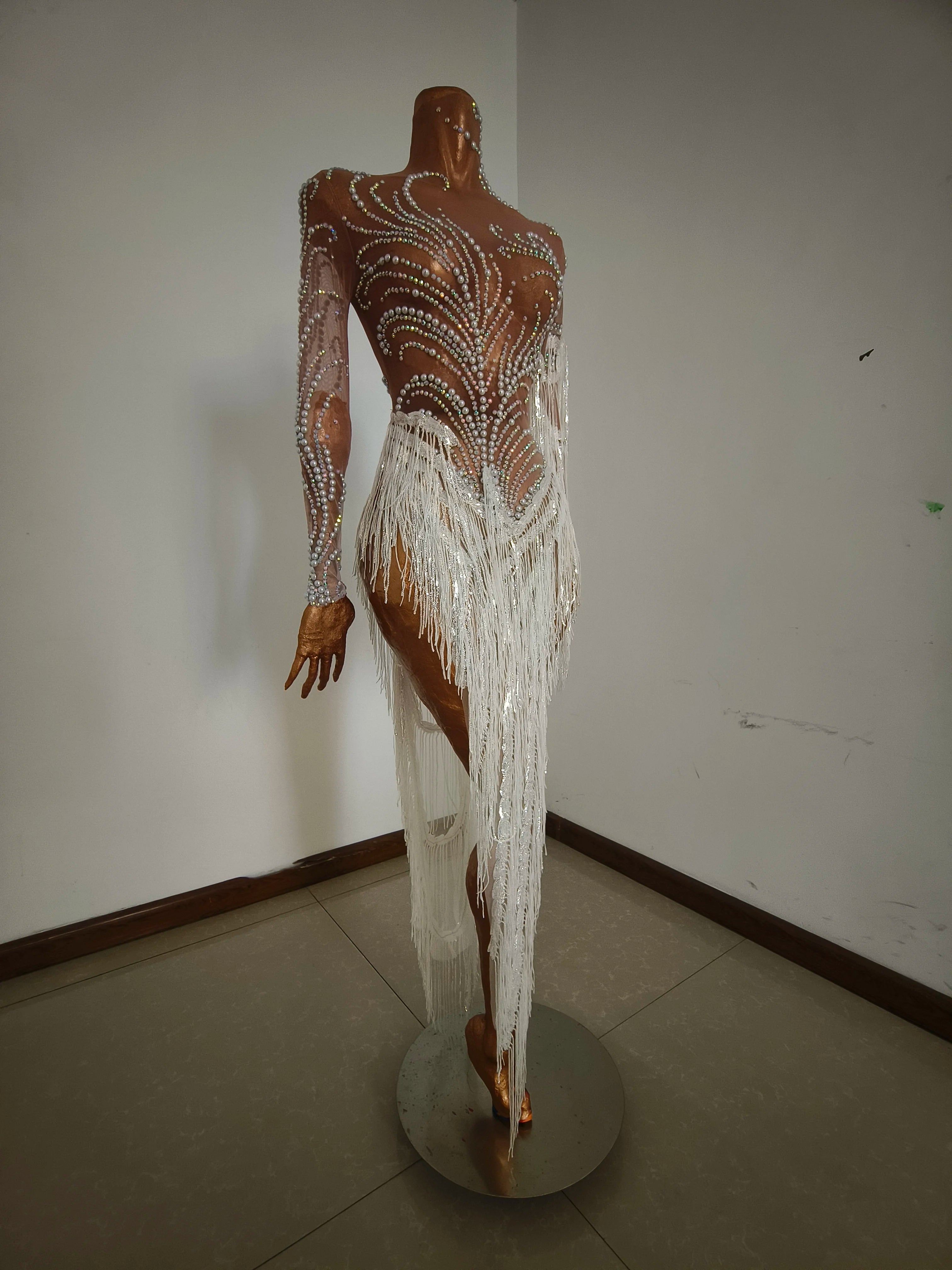 Sparkly Rhinestone Sequins Tassel Sexy Mesh See Through Dress Women Evening Birthday Party Nightclub Dance Singer Stage Outfit WHITE