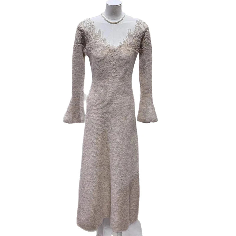 Autumn Winter New Elegant Style Lace V-neck Knitted Sweater Dresses For Women Evening Party Dress Female 11A07910