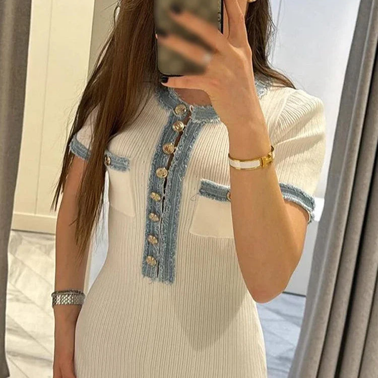 Elegant V Neck Denim Patchwork Knitted Long Dress Women Fashion Short Sleeved Buttons Bodycon Dresses Office Lady Pockets Robes