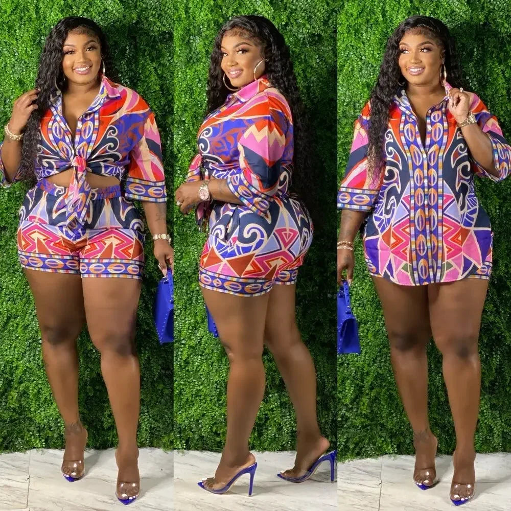 CMYAYA 3D Paisley Women Shorts Suit and Half Sleeve Shirt Top Street Blouses Tracksuit INS Two 2 Piece Set 2022 Summer Outfits PURPLE