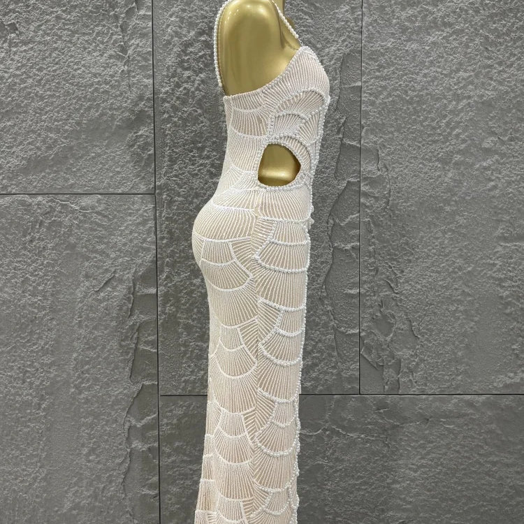 Hot Sale Women Sleeveless Sexy Strap Pearl Beading Bodycon Long Dress Celebrate Evening Party Birthday Cocktail Outfit