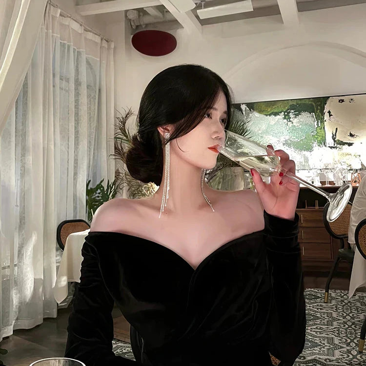 Spring Long Sexy Black Stretchy Fitted Birthday Party Evening Dresses for Women Luxury Elegant Off the Shoulder Clothing