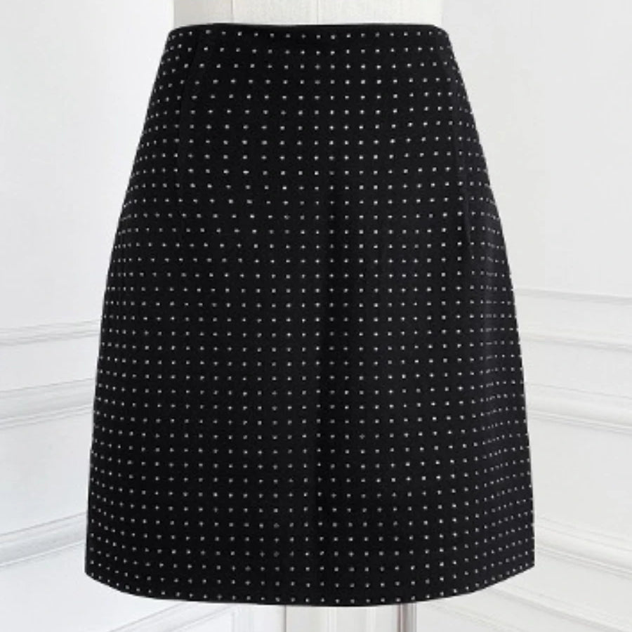 Slimming Spliced Hot Fix Two Piece Sets for Women Lapel Long Sleeves Patchwork Single Breasted Top Skirt Set Female BLACKSKIRT