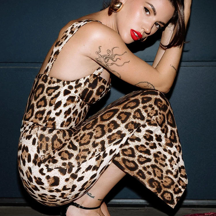 Vintage-Glam Leopard Slip Sleeveless Tight Midi Dress Party Spotlight Evening Gown
