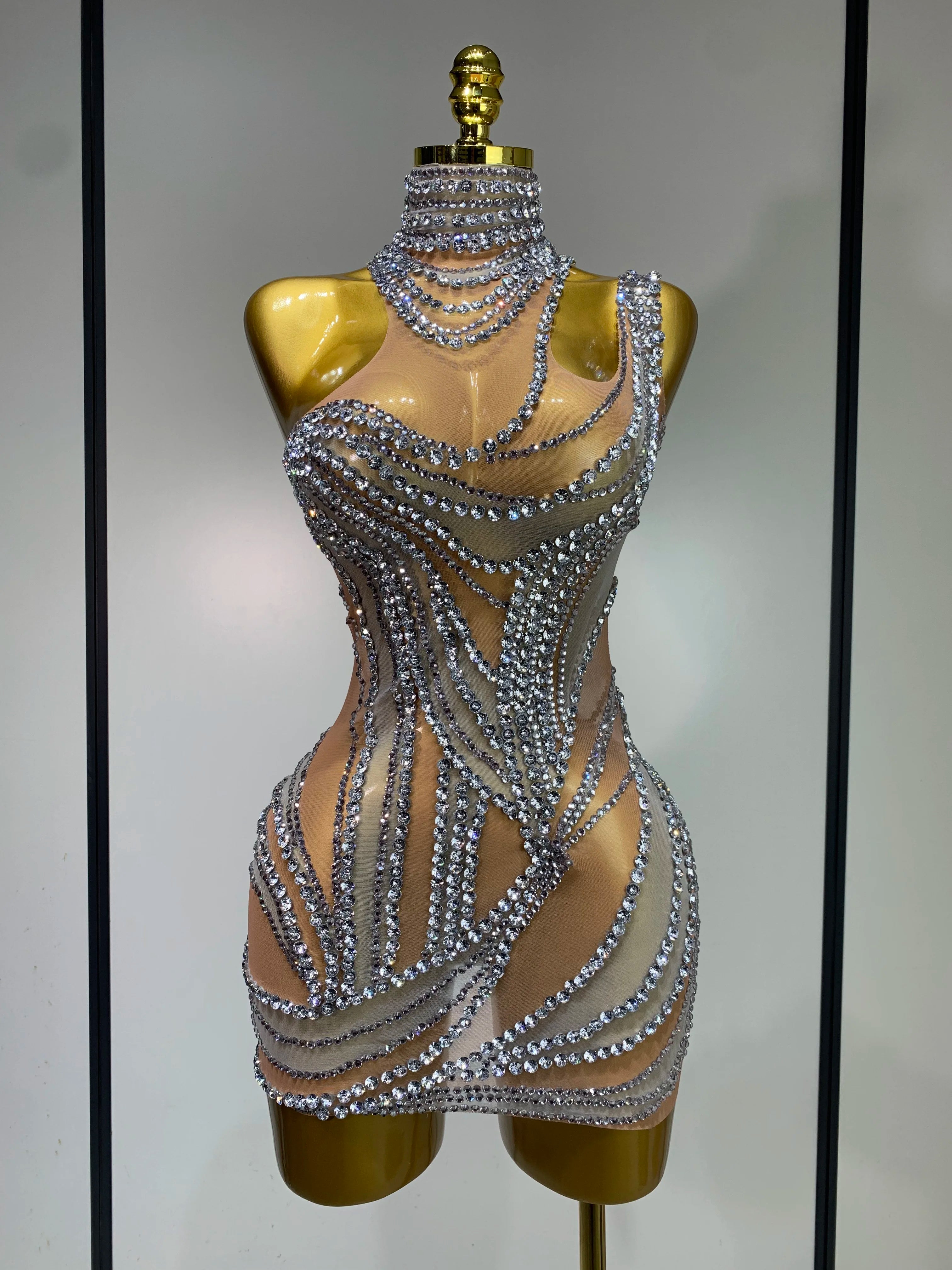 Sparkly Crystals See Through Women Cocktail Dresses Celebrate Birthday Party Gowns Singer Performance Stretch Stage Costume Silver