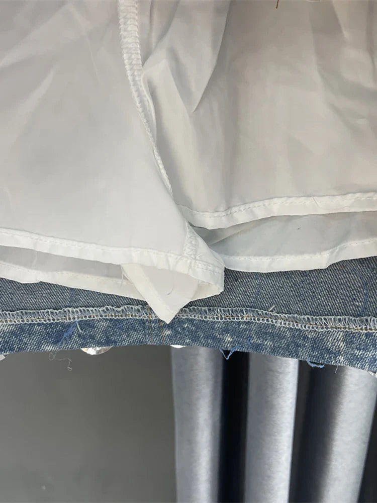 DEAT Summer New Fashion Women's Denim Skirt High Waist Circular Sequin Patchwork Wrap Hip Blue Short Mini Skirts 29L4143