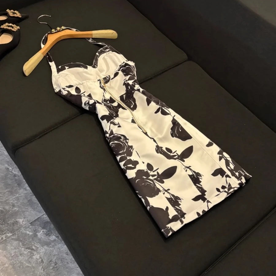 Hit Color Slimming Spliced Printing Dresses for Women Halter Neck Sleeveless Temperament Dress Female Fashion New