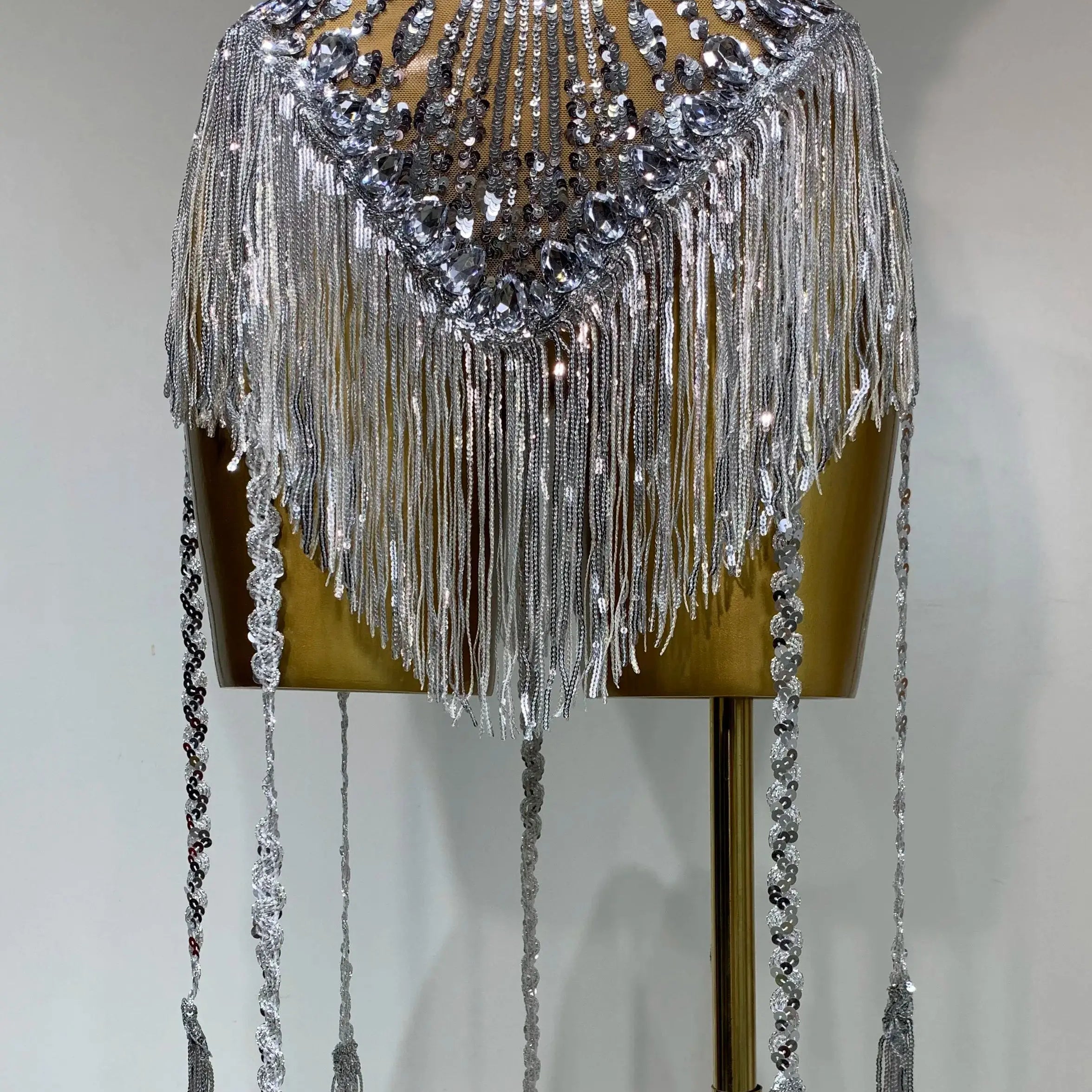 Women Sexy Mesh See Through Diamonds Long Tassels Bodysuit Luxury Evening Party Bar Nightclub Stage Performance Singer Outfit