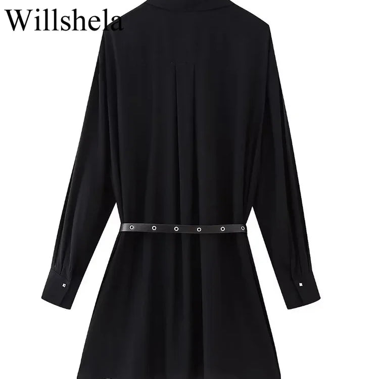 Women Fashion With Belt Black Single Breasted Midi Dress Vintage Lapel Neck Long Sleeves Female Chic Lady Dresses