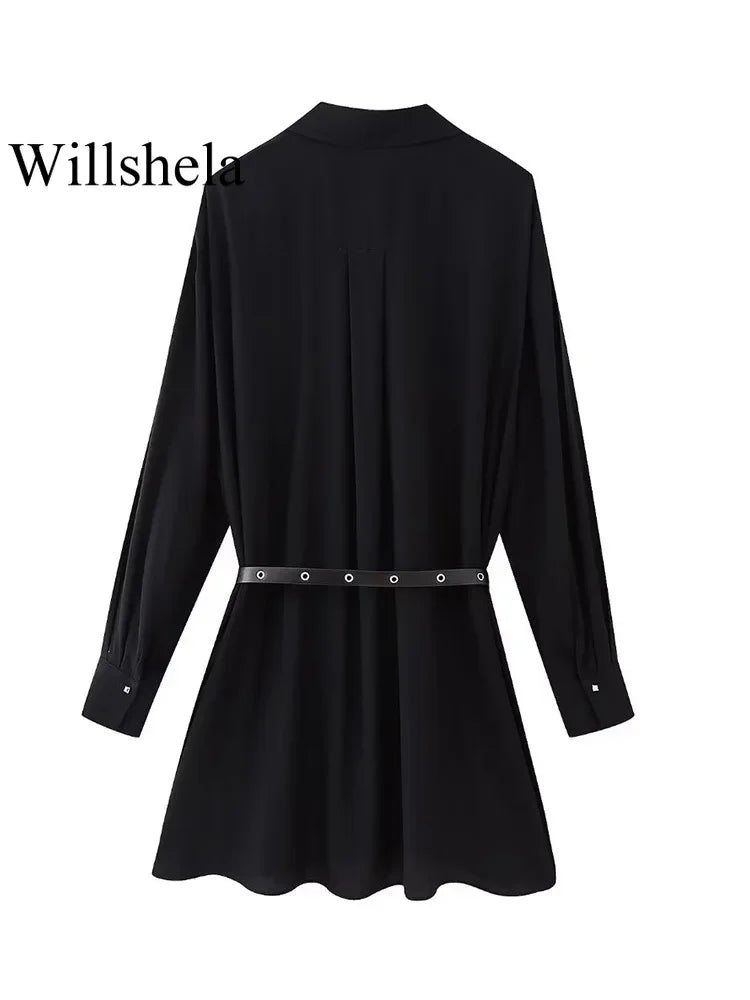Women Fashion With Belt Black Single Breasted Midi Dress Vintage Lapel Neck Long Sleeves Female Chic Lady Dresses