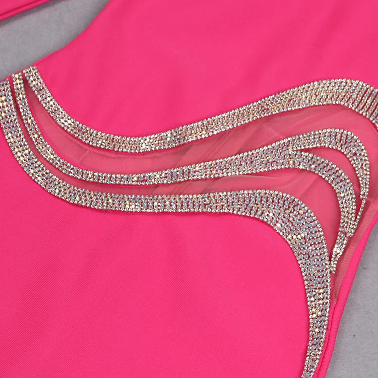 BEVENCCEL Women's New One Shoulder Long Sleeve Mesh Patch Diamond Bandage Dress Elegant Sexy Club Evening Party Mini Dress