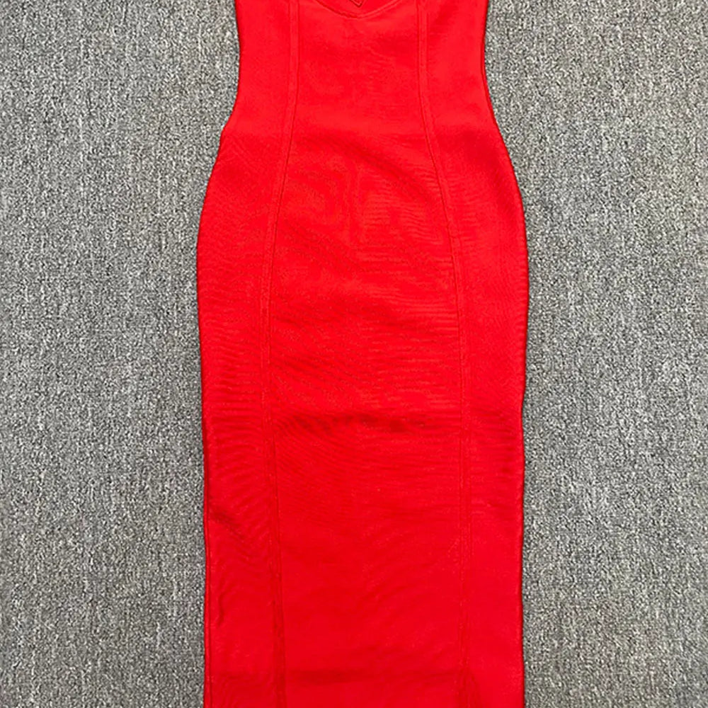 2024 Sexy Women'S Light Luxury Sequin Rhinestone Tassel Design Bandage Dress Strapless Sleeveless Bodycon Backless Midi Dresses Red