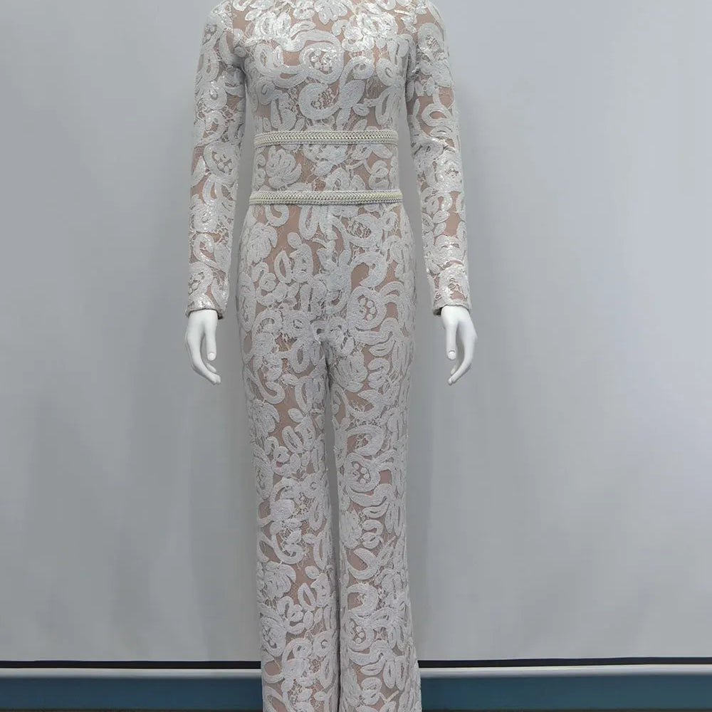 2025 Women'S Light Luxury Sequin Patchwork Bandage Jumpsuit O-Neck Long Sleeved Waistband Flared Jumpsuit Pants Party Jumpsuit WHITE