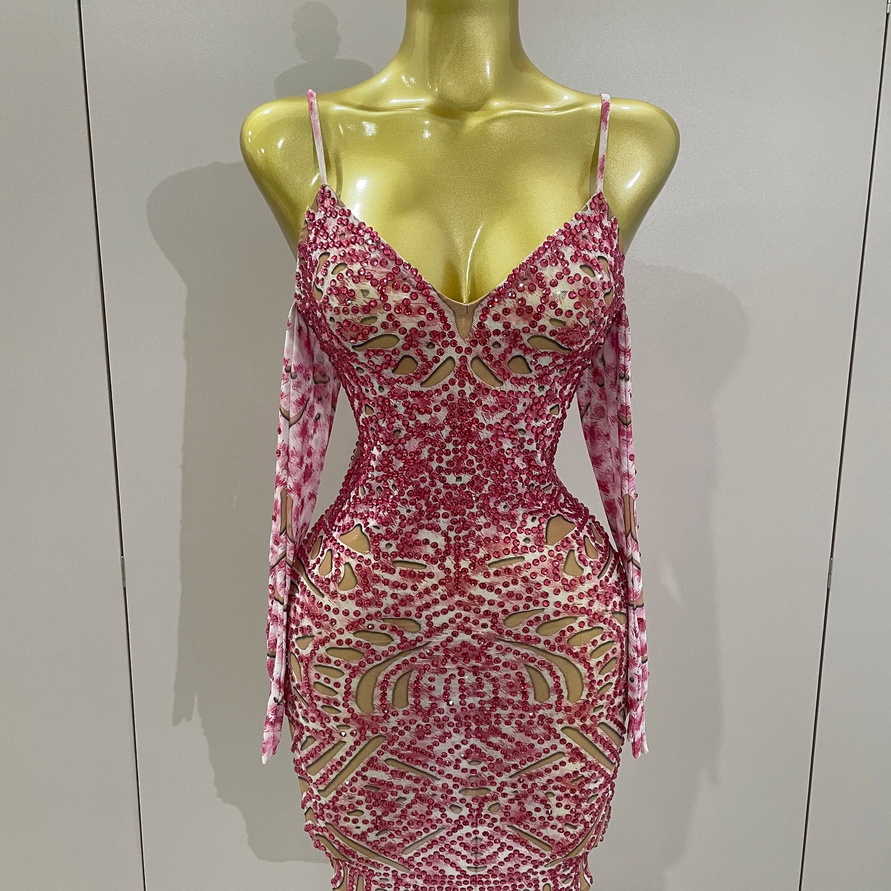 2025 New Sexy Sparkly Rhinestones Mesh Mini Dress With GlovesWomen Evening Birthday Party Celebrate Costume Dancer Stage Wear Red
