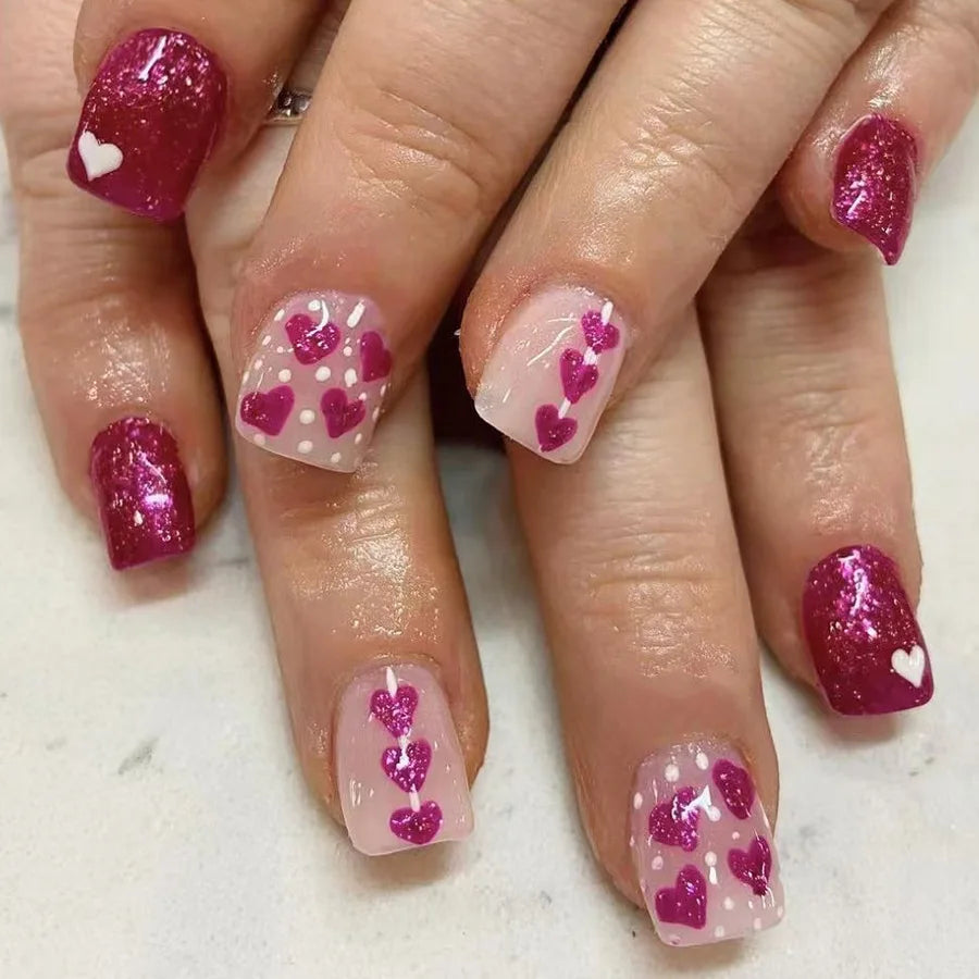 24Pcs Short Glitter False Nails Black Red Sweet Cool Press on Nails Love Valentine Wearing Nail Art Full Cover French Fake Nail 4