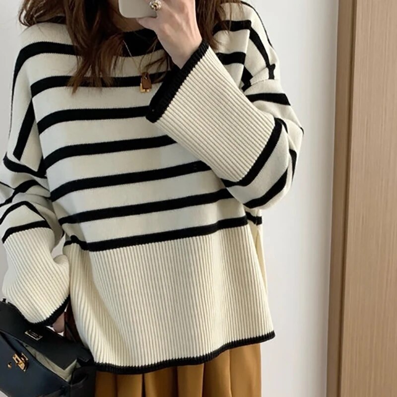 Women Striped Loose Thermal Sweater O-Neck Long Sleeve Thicken Knitted Pullovers Casual Sweater For Women 2024 Autumn Winter APRICOT One Size