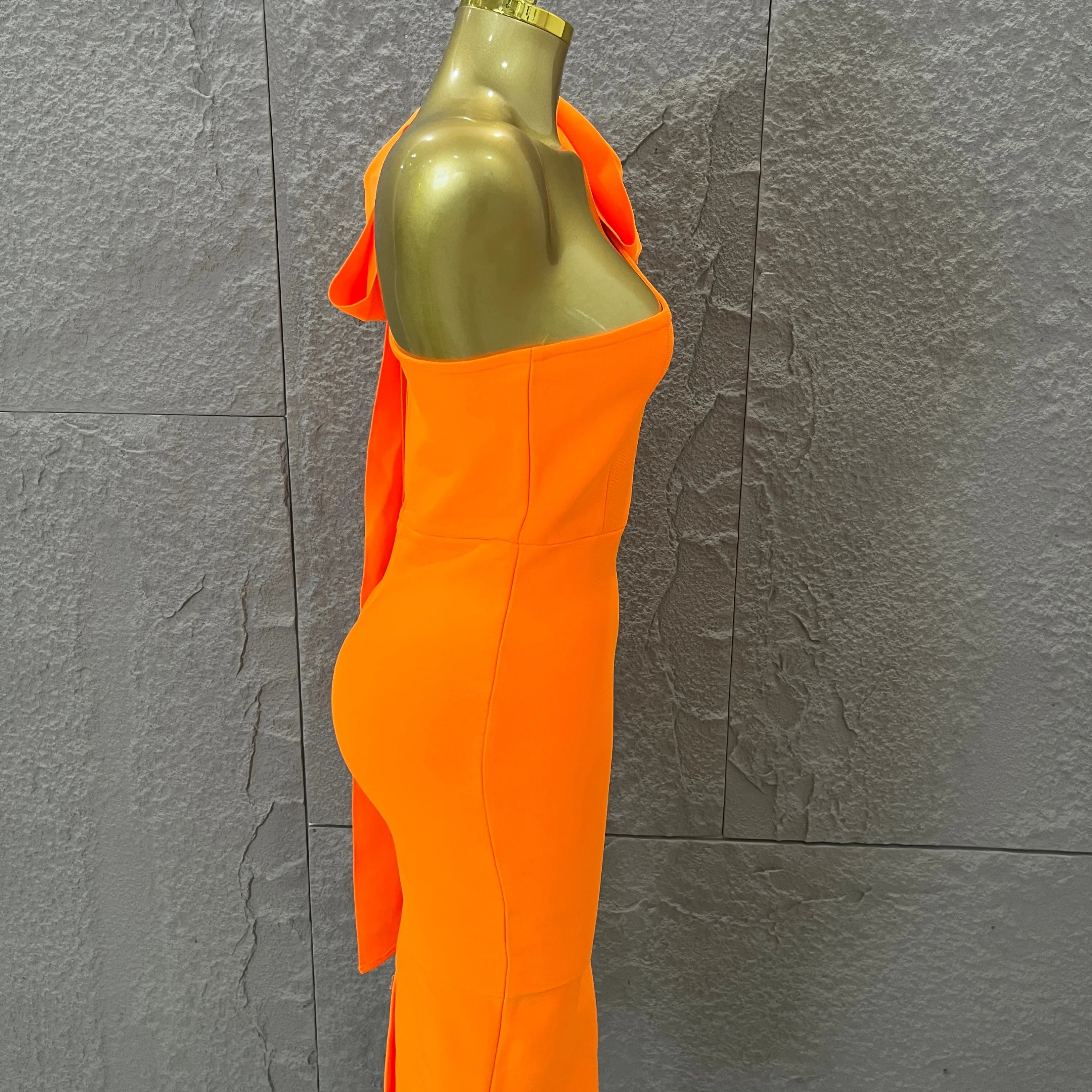 Vibrant Orange Single Sleeve Bow Shoulder Bandage Dress Slim Fit Midi Evening Birthday Nightclub Banquet Formal Dinner Outfit