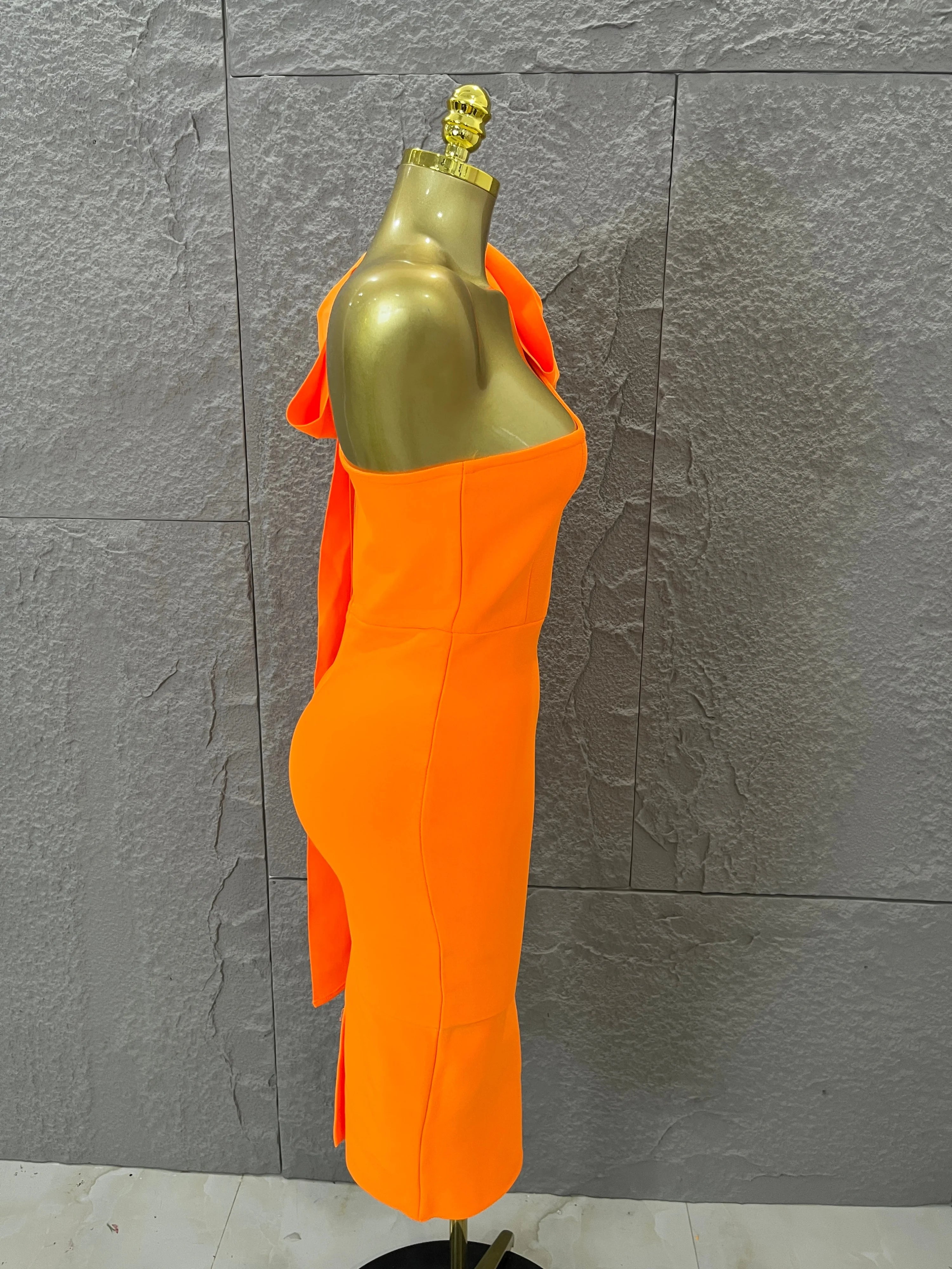 Vibrant Orange Single Sleeve Bow Shoulder Bandage Dress Slim Fit Midi Evening Birthday Nightclub Banquet Formal Dinner Outfit