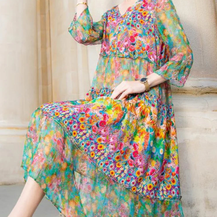 Summer 2023 Beach Boho Vintage Print Chiffon V Neck Dress Elegant Party Robe Designer Vestidos Loose Midi Dresses