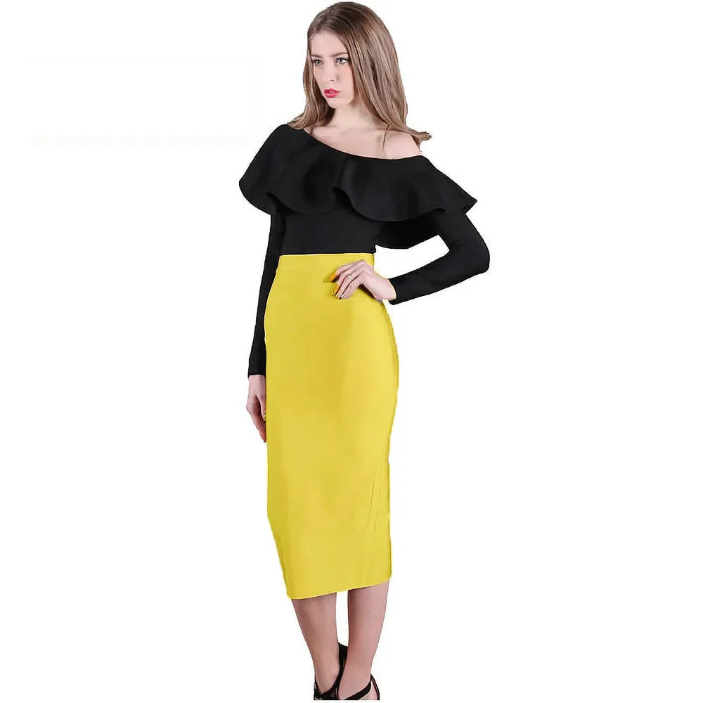 HQBORY Sexy Nude Beige Bandage Skirts Midi 2023 Women Summer Red Split Party Skirt Bodycon High Waist Office Lady Skirt Yellow