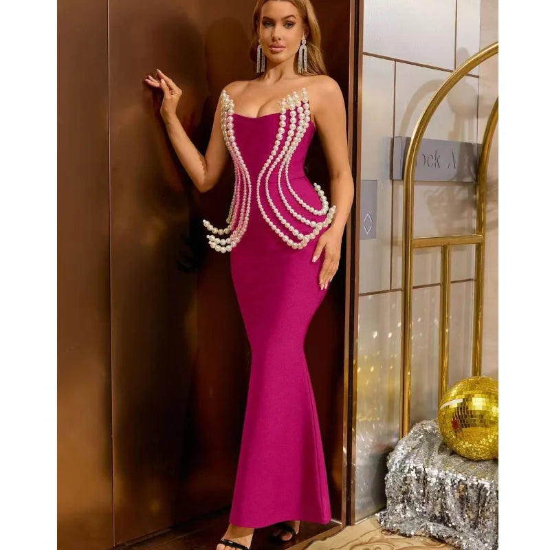 Luxury Pearl Geometric Design Strapless Package Hips Bandage Long Dress Elegant Woman Party Dress Celebrity Party Vestido