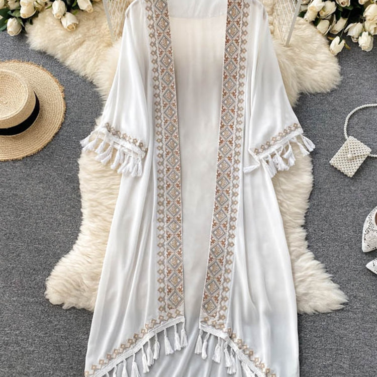 Summer Pareo Beach Kimono Bohemian Cover Up Long Fashion Embroidery Poncho Cardigan Tassel Chiffon Shirt